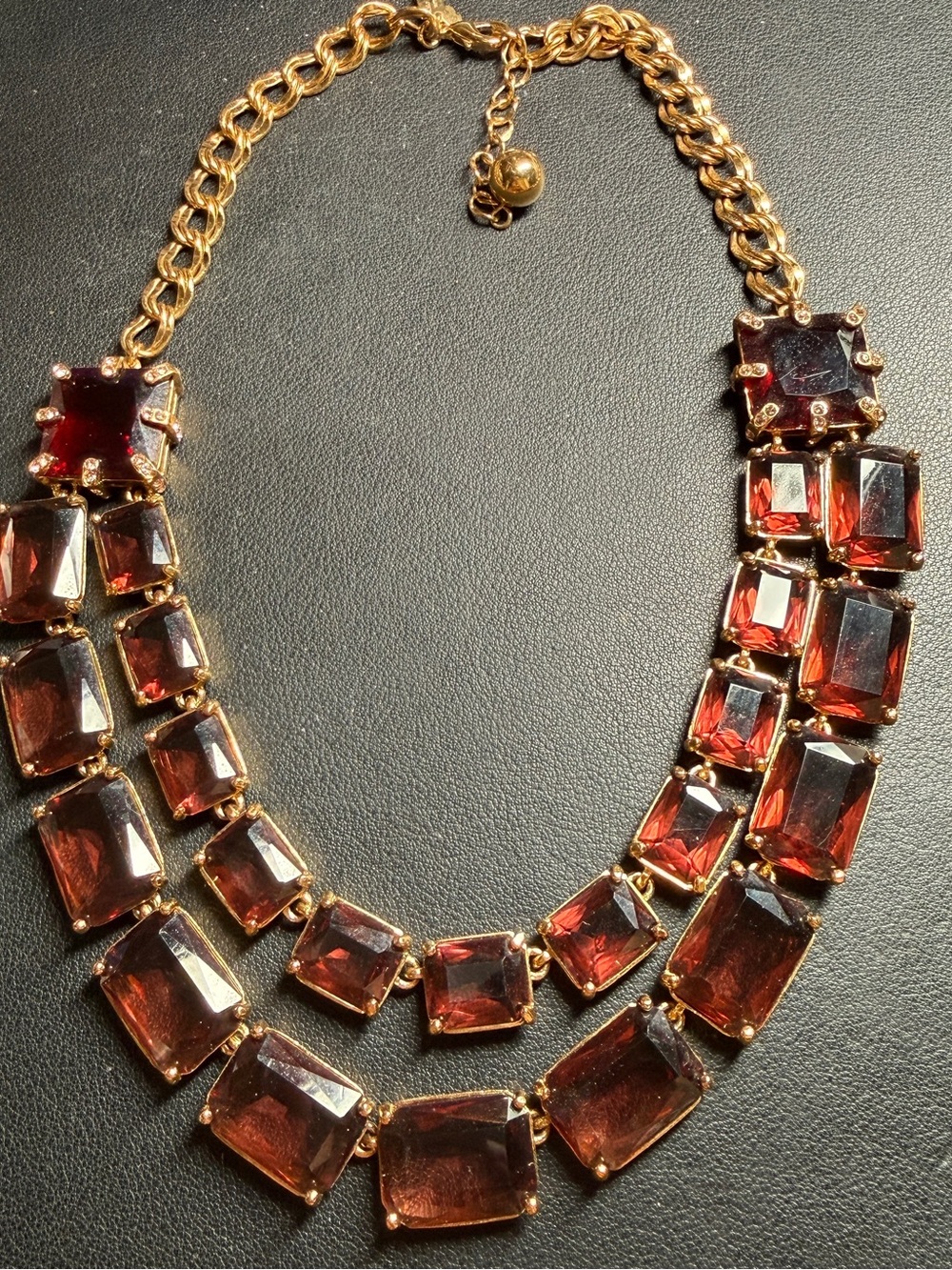 Kate Spade NY Double Drop Red & Clear Crystal Jewel Blocks Necklace 12K Gold PT